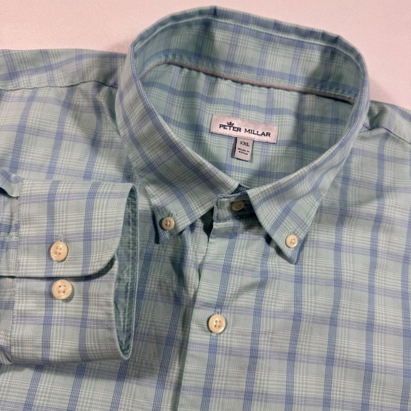 Peter Millar XXL Mens Long Sleeve Shirt Plaid Button Up Cotton Silk Spandex - Picture 1 of 8